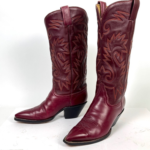 Handmade Austin-Hall Cowboy Boots - Wmns Sz 9B - Burgundy 14" Tall Pointy Toe - Picture 6 of 16